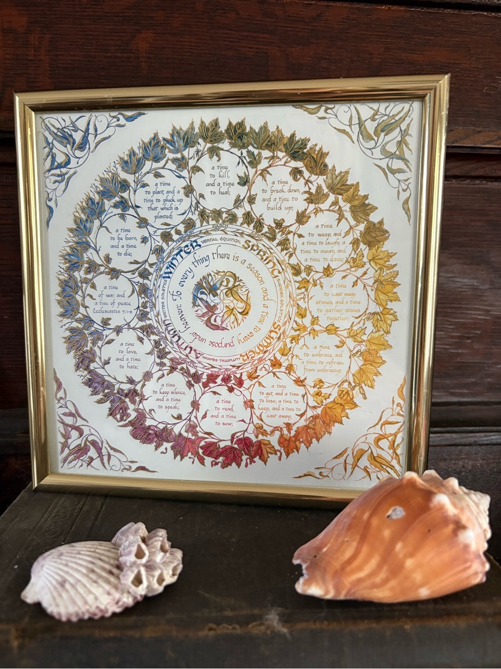 Beautiful Print of Biblical Scripture Circular Wheel of Seasons in Nielsen Frame